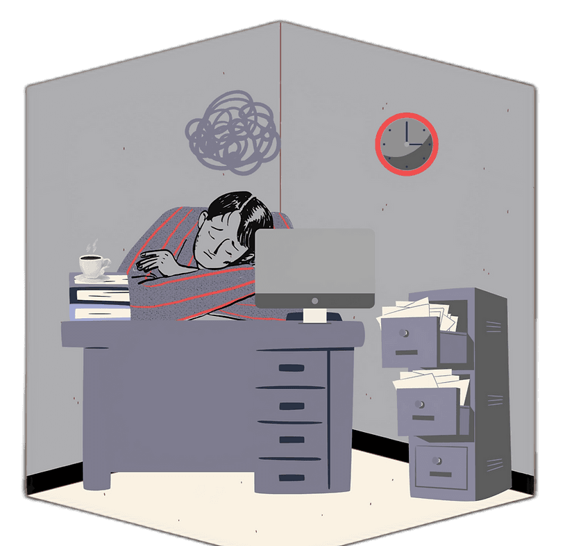 A radiologist asleep at a desk buried in paperwork